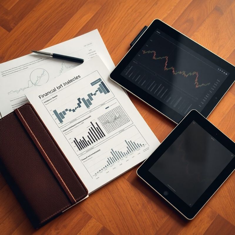 Portofoliu din piele, tabletă cu grafice de investiții și documente de analiză financiară pe birou